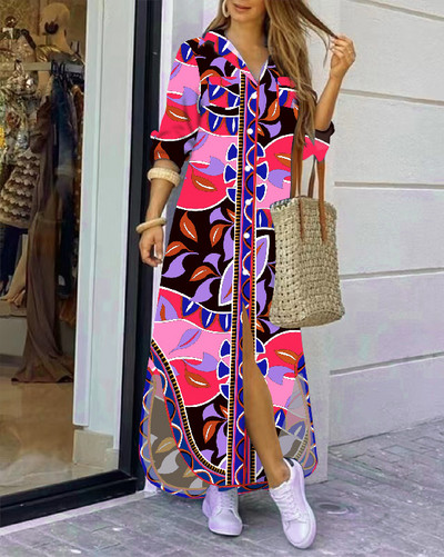 2022 rochie cămașă cu mânecă lungă cu rever la modă, lejer, imprimeu în contrast, rochii maxi la un singur piept, pentru femei Robe Longue