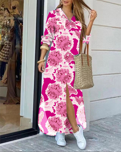 2022 rochie cămașă cu mânecă lungă cu rever la modă, lejer, imprimeu în contrast, rochii maxi la un singur piept, pentru femei Robe Longue