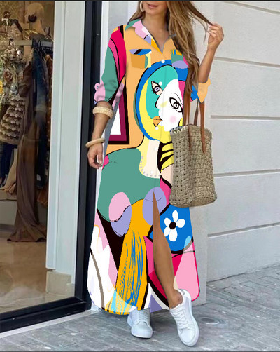 2022 rochie cămașă cu mânecă lungă cu rever la modă, lejer, imprimeu în contrast, rochii maxi la un singur piept, pentru femei Robe Longue