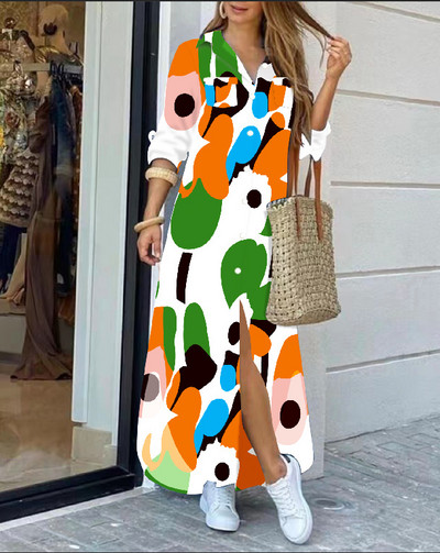 2022 rochie cămașă cu mânecă lungă cu rever la modă, lejer, imprimeu în contrast, rochii maxi la un singur piept, pentru femei Robe Longue