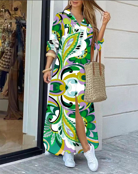 2022 rochie cămașă cu mânecă lungă cu rever la modă, lejer, imprimeu în contrast, rochii maxi la un singur piept, pentru femei Robe Longue