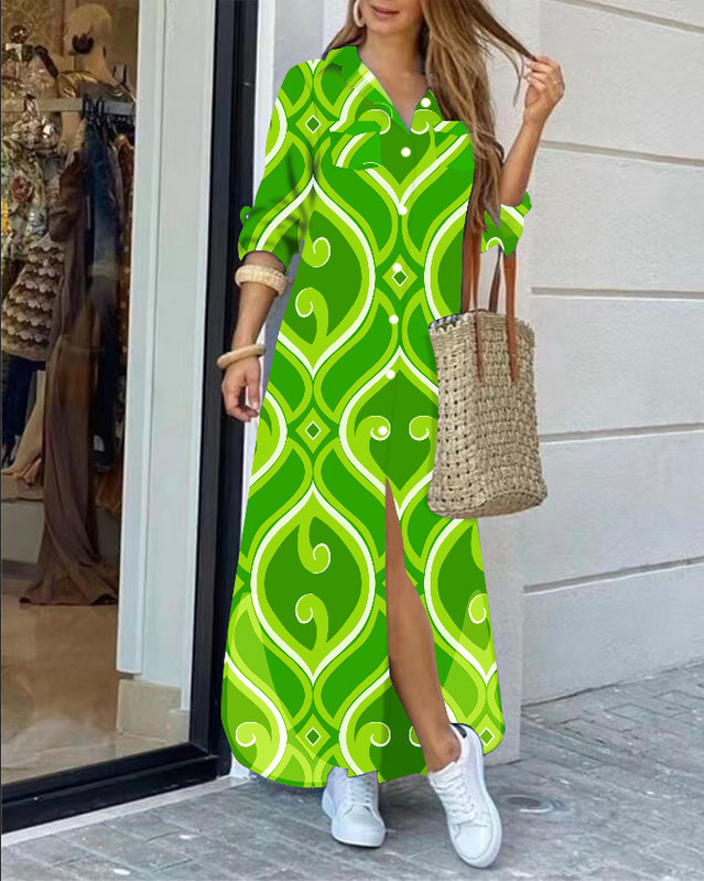 2022 rochie cămașă cu mânecă lungă cu rever la modă, lejer, imprimeu în contrast, rochii maxi la un singur piept, pentru femei Robe Longue
