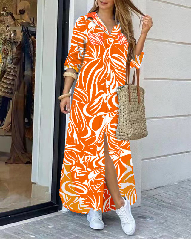 2022 rochie cămașă cu mânecă lungă cu rever la modă, lejer, imprimeu în contrast, rochii maxi la un singur piept, pentru femei Robe Longue