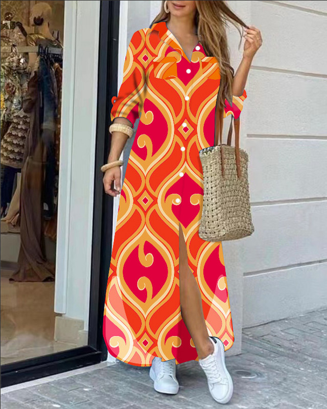 2022 rochie cămașă cu mânecă lungă cu rever la modă, lejer, imprimeu în contrast, rochii maxi la un singur piept, pentru femei Robe Longue