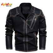 Jachetă din piele PU din fleece pentru bărbați, în stil vintage, pentru motocicletă falsă, haină de toamnă pentru motociclist, haină de piele retro pentru bărbați