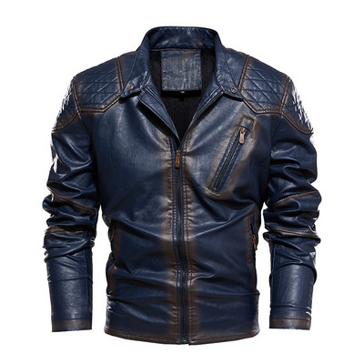 Jachetă din piele PU din fleece pentru bărbați, în stil vintage, pentru motocicletă falsă, haină de toamnă pentru motociclist, haină de piele retro pentru bărbați