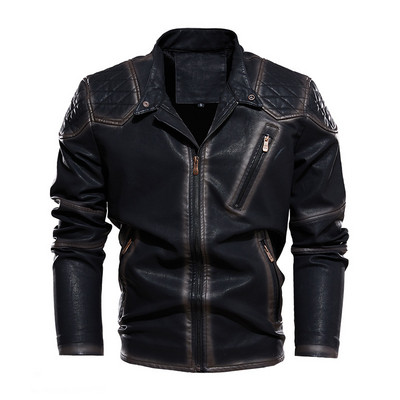 Jachetă din piele PU din fleece pentru bărbați, în stil vintage, pentru motocicletă falsă, haină de toamnă pentru motociclist, haină de piele retro pentru bărbați