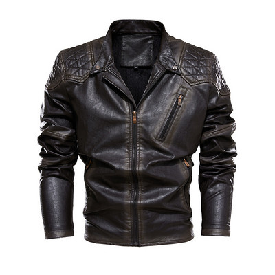 Jachetă din piele PU din fleece pentru bărbați, în stil vintage, pentru motocicletă falsă, haină de toamnă pentru motociclist, haină de piele retro pentru bărbați