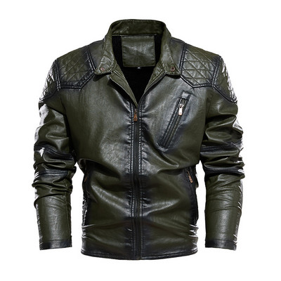 Jachetă din piele PU din fleece pentru bărbați, în stil vintage, pentru motocicletă falsă, haină de toamnă pentru motociclist, haină de piele retro pentru bărbați