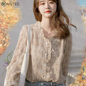 Ženske šifonske bluze s naborima i cvjetnim kopčanjem s širokim rukavima, nježne slatke, ležerne djevojke, korejski stil, dnevne nove ženske košulje