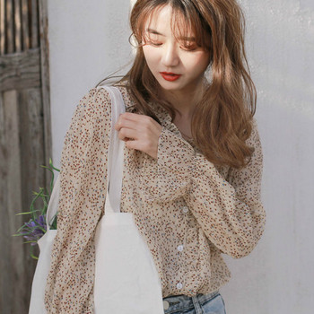 Дамски блузи от шифон с рюшове с флорални едноредни разкроени ръкави Нежни сладки ежедневни момичета Корейски стил Ежедневни нови ризи Дамски