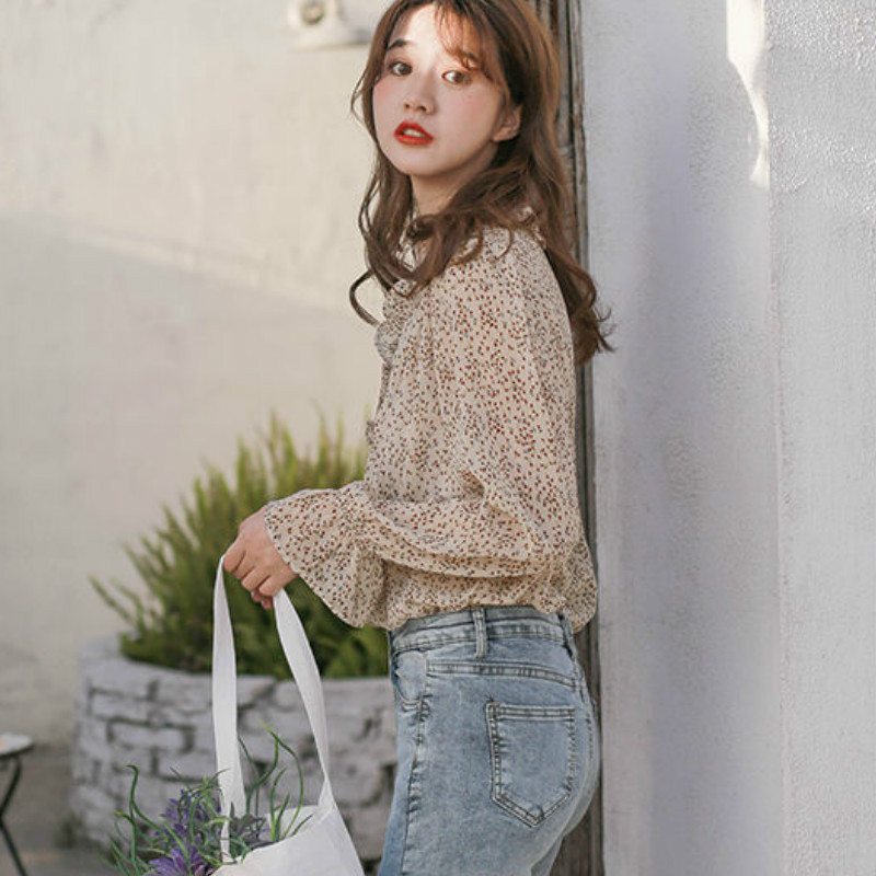 Ženske šifonske bluze s naborima i cvjetnim kopčanjem s širokim rukavima, nježne slatke, ležerne djevojke, korejski stil, dnevne nove ženske košulje