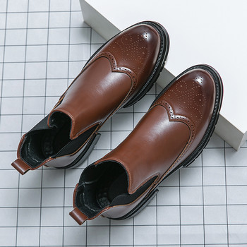 Черни кожени ботуши Британски стил ретро мъжки кожени ботуши Обувки на платформа за мъже модни къси ботуши високи обувки Голям размер