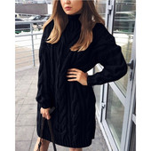 Ženski pleteni dugi pulover s dolčevitom i ovratnikom, ležerna široka, debela haljina