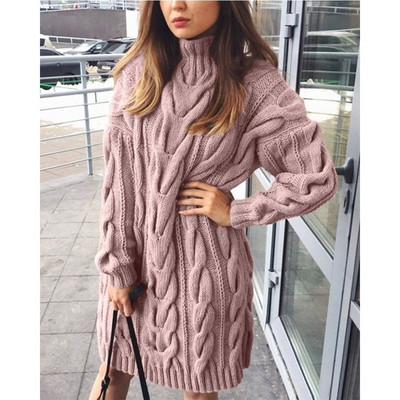 Ženski pleteni dugi pulover s dolčevitom i ovratnikom, ležerna široka, debela haljina