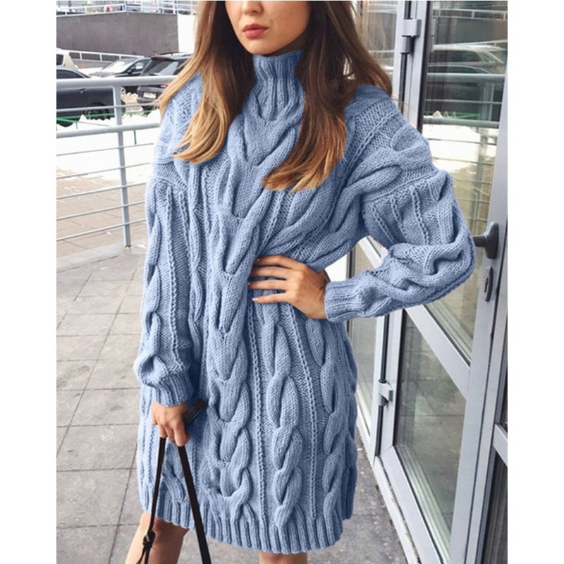 Ženski pleteni dugi pulover s dolčevitom i ovratnikom, ležerna široka, debela haljina