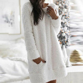 Χειμωνιάτικο Γυναικείο Ζεστό Φόρεμα Κομψό O λαιμό Απλό Casual Loose Γυναικεία Λούτρινα Μίνι Φορέματα Μακρυμάνικο Ζεστό Φόρεμα Πάρτυ Vestidos