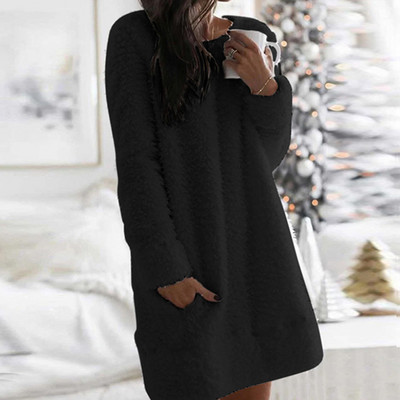 Χειμωνιάτικο Γυναικείο Ζεστό Φόρεμα Κομψό O λαιμό Απλό Casual Loose Γυναικεία Λούτρινα Μίνι Φορέματα Μακρυμάνικο Ζεστό Φόρεμα Πάρτυ Vestidos