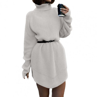 Φθινοπωρινό χειμερινό γυναικείο ζιβάγκο μακρυμάνικο πλεκτό φόρεμα πλαϊνό σπαστό στρίφωμα μονόχρωμο με ραβδώσεις κομψό μίνι πουλόβερ Streetwea