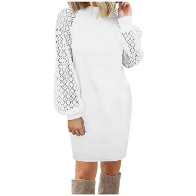 Toamnă Iarnă Rochie Femei Sexy Dantela Cusături Mâneci Lungi Mini Rochie Largi Robe Elegant Casual Vaffle Tricotat Rochii Rochii Mujer