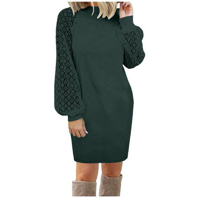Toamnă Iarnă Rochie Femei Sexy Dantela Cusături Mâneci Lungi Mini Rochie Largi Robe Elegant Casual Vaffle Tricotat Rochii Rochii Mujer