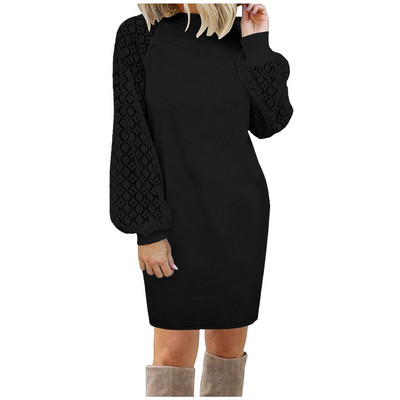 Toamnă Iarnă Rochie Femei Sexy Dantela Cusături Mâneci Lungi Mini Rochie Largi Robe Elegant Casual Vaffle Tricotat Rochii Rochii Mujer
