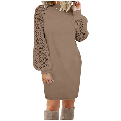 Toamnă Iarnă Rochie Femei Sexy Dantela Cusături Mâneci Lungi Mini Rochie Largi Robe Elegant Casual Vaffle Tricotat Rochii Rochii Mujer