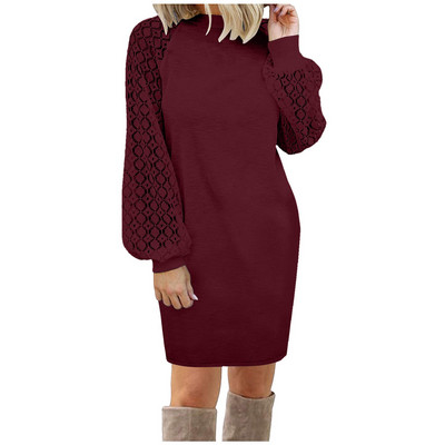 Toamnă Iarnă Rochie Femei Sexy Dantela Cusături Mâneci Lungi Mini Rochie Largi Robe Elegant Casual Vaffle Tricotat Rochii Rochii Mujer
