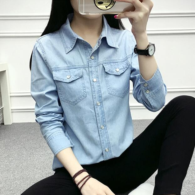 Sügisene naiste vabaaja teksad pikkade varrukatega pluus Mood õhuke teksasärgi topid Kontorirõivad Naiste riided Denim blusas mujer