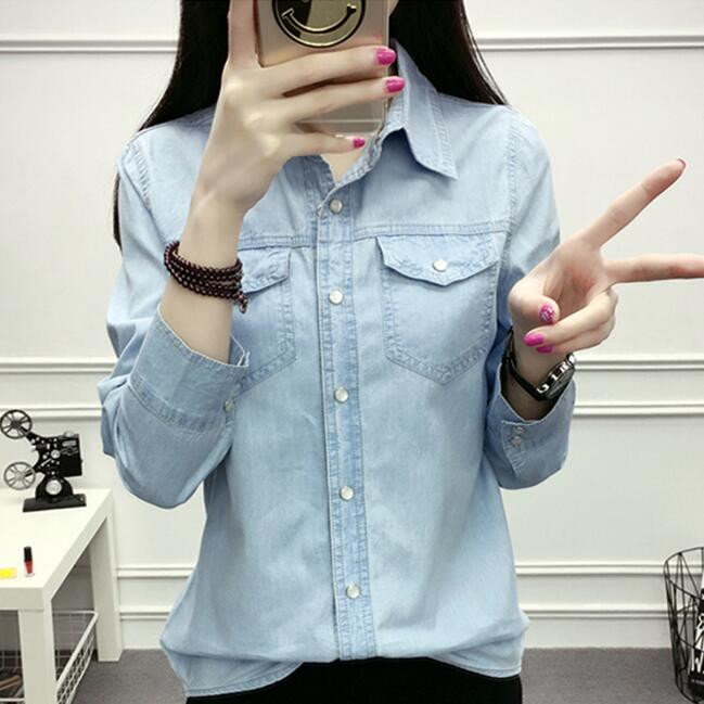 Sügisene naiste vabaaja teksad pikkade varrukatega pluus Mood õhuke teksasärgi topid Kontorirõivad Naiste riided Denim blusas mujer