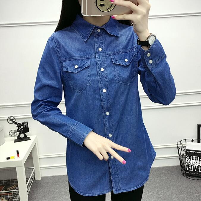 Sügisene naiste vabaaja teksad pikkade varrukatega pluus Mood õhuke teksasärgi topid Kontorirõivad Naiste riided Denim blusas mujer