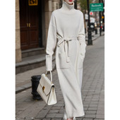 Korejska topla debela pletena haljina s džepovima, elegantna dolčevita s dugim rukavima, elastična džemper haljina jesen zima, ženska nova kolekcija 2023.