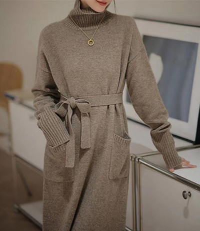 Korejska topla debela pletena haljina s džepovima, elegantna dolčevita s dugim rukavima, elastična džemper haljina jesen zima, ženska nova kolekcija 2023.