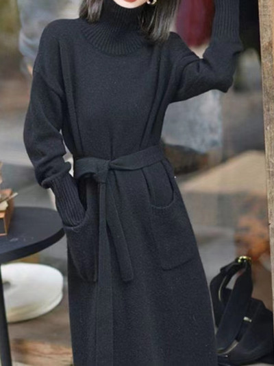 Korejska topla debela pletena haljina s džepovima, elegantna dolčevita s dugim rukavima, elastična džemper haljina jesen zima, ženska nova kolekcija 2023.