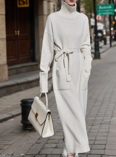 Korejska topla debela pletena haljina s džepovima, elegantna dolčevita s dugim rukavima, elastična džemper haljina jesen zima, ženska nova kolekcija 2023.