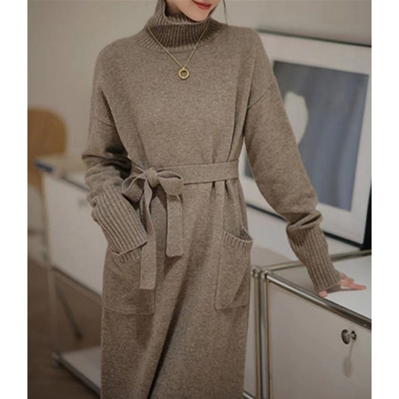 Korejska topla debela pletena haljina s džepovima, elegantna dolčevita s dugim rukavima, elastična džemper haljina jesen zima, ženska nova kolekcija 2023.