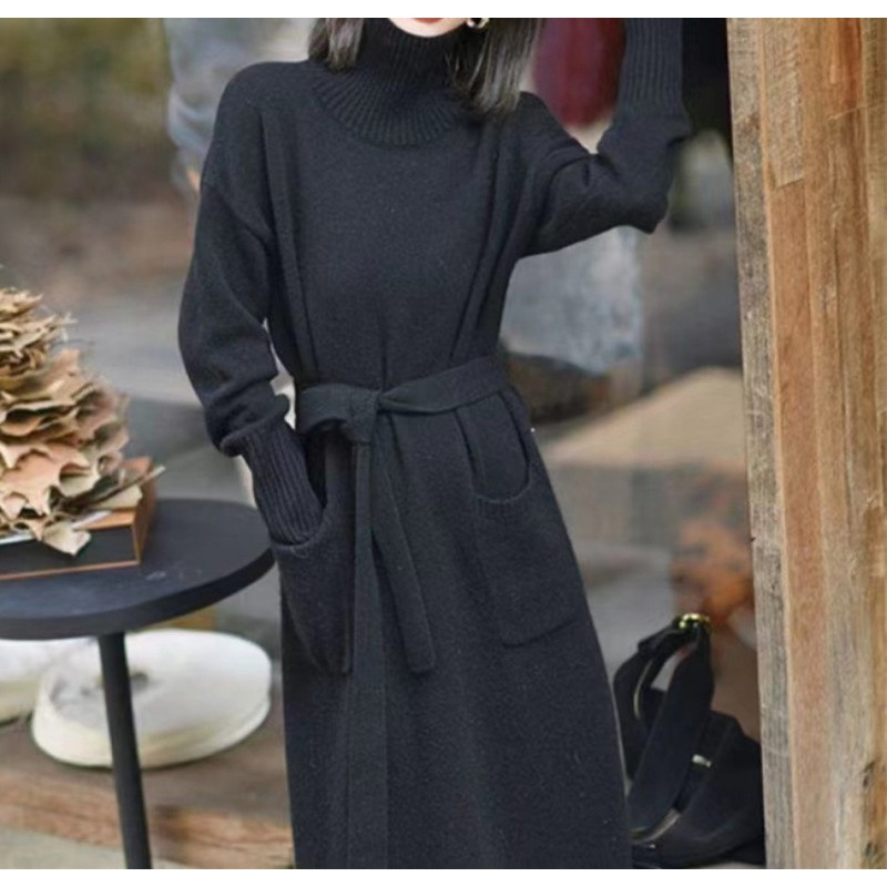 Korejska topla debela pletena haljina s džepovima, elegantna dolčevita s dugim rukavima, elastična džemper haljina jesen zima, ženska nova kolekcija 2023.