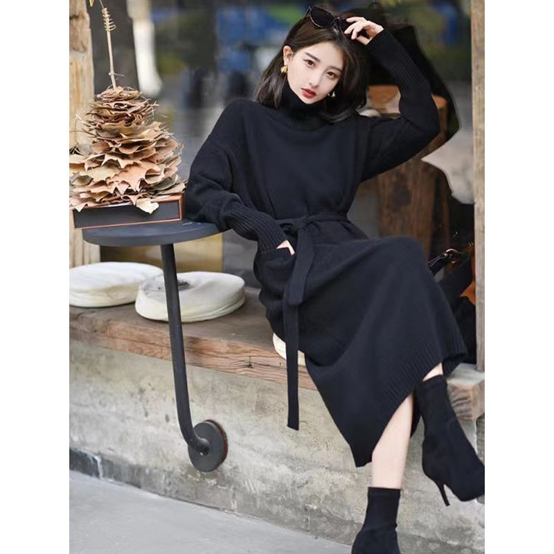 Korejska topla debela pletena haljina s džepovima, elegantna dolčevita s dugim rukavima, elastična džemper haljina jesen zima, ženska nova kolekcija 2023.
