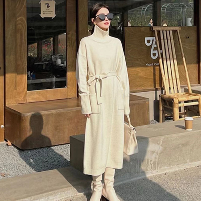 Korejska topla debela pletena haljina s džepovima, elegantna dolčevita s dugim rukavima, elastična džemper haljina jesen zima, ženska nova kolekcija 2023.