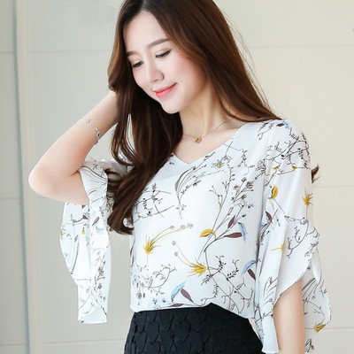Bluză cu mânecă evazată cu decolteu în V pentru femei Cămăși cu imprimare florală de vară pentru femei Topuri Bluze din șifon pentru femei