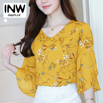 Bluză cu mânecă evazată cu decolteu în V pentru femei Cămăși cu imprimare florală de vară pentru femei Topuri Bluze din șifon pentru femei