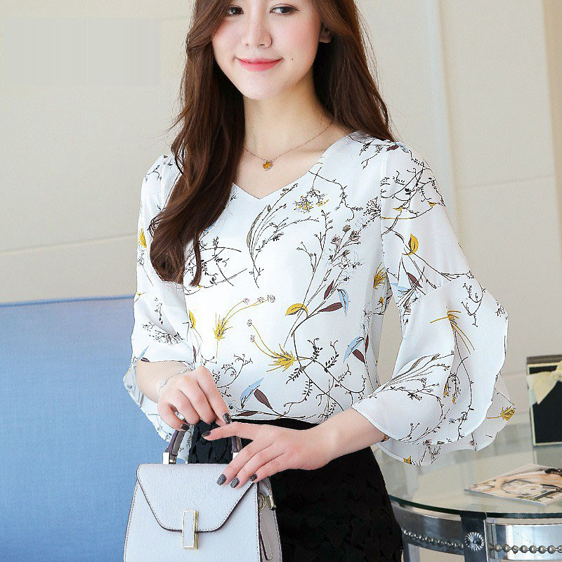 Bluză cu mânecă evazată cu decolteu în V pentru femei Cămăși cu imprimare florală de vară pentru femei Topuri Bluze din șifon pentru femei