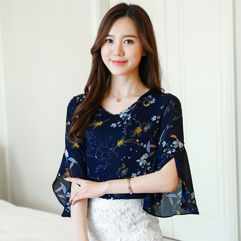 Bluză cu mânecă evazată cu decolteu în V pentru femei Cămăși cu imprimare florală de vară pentru femei Topuri Bluze din șifon pentru femei