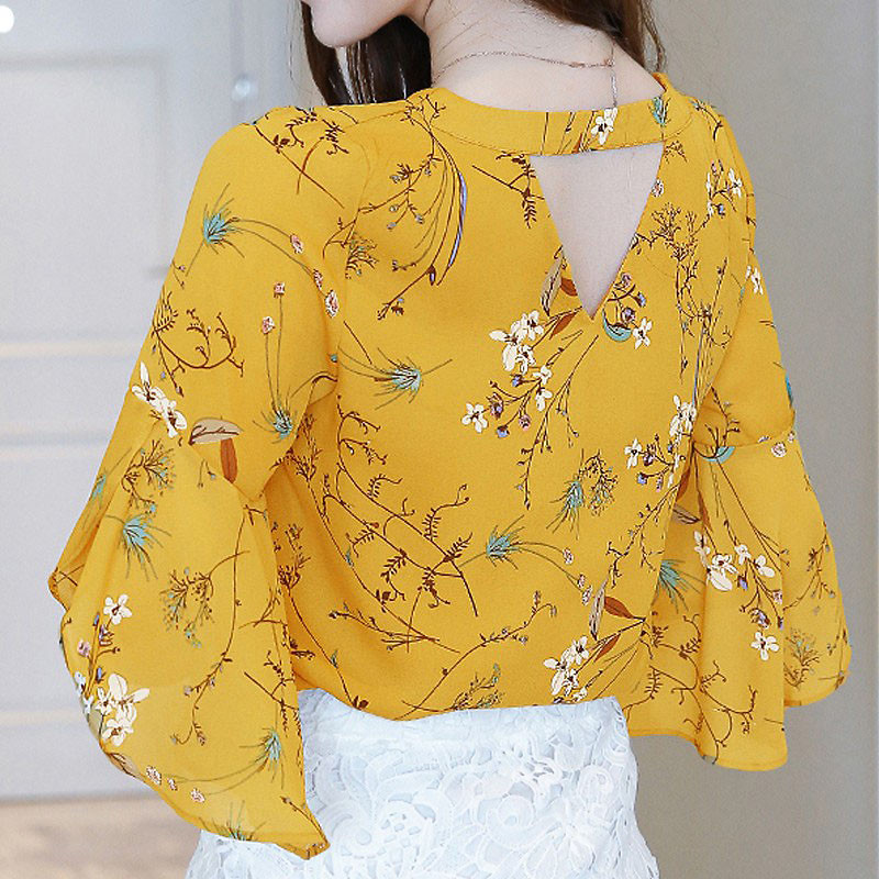 Bluză cu mânecă evazată cu decolteu în V pentru femei Cămăși cu imprimare florală de vară pentru femei Topuri Bluze din șifon pentru femei