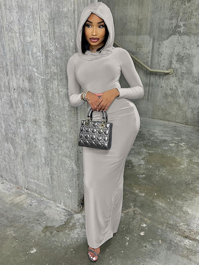 Hawthaw Women 2023 Φθινοπωρινή χειμερινή μόδα Μακρυμάνικο Streetwear Hooded Bodycon Μακρύ Φόρεμα Είδη χονδρικής για επιχειρήσεις