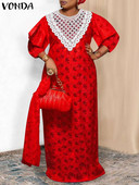 Καλοκαιρινό μάξι φόρεμα 2023 Γυναικεία μποέμ με στάμπα σαμαράκι VONDA casual κοντομάνικο Vintage βολάν δαντέλα μακριά Vestidos Beach Robe