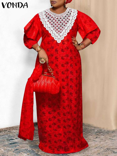 Καλοκαιρινό μάξι φόρεμα 2023 Γυναικεία μποέμ με στάμπα σαμαράκι VONDA casual κοντομάνικο Vintage βολάν δαντέλα μακριά Vestidos Beach Robe