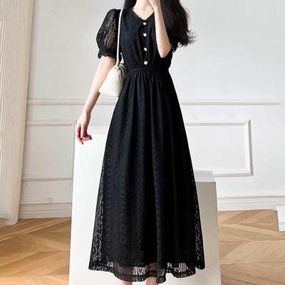 Κορεάτικο στυλ καλοκαιρινό γυναικείο casual δαντέλα φόρεμα O λαιμό κοντομάνικο λευκό μαύρο μακρύ φόρεμα Κομψά και κομψά βραδινά φορέματα για πάρτι