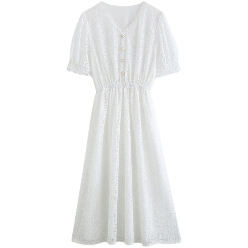 Κορεάτικο στυλ καλοκαιρινό γυναικείο casual δαντέλα φόρεμα O λαιμό κοντομάνικο λευκό μαύρο μακρύ φόρεμα Κομψά και κομψά βραδινά φορέματα για πάρτι