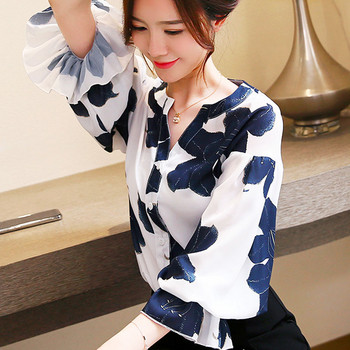 Дамски топове и блузи голям размер бяла блуза harajuku дамски топове шифон блуза V-образно деколте Флорални ризи с бух ръкав 2878 50